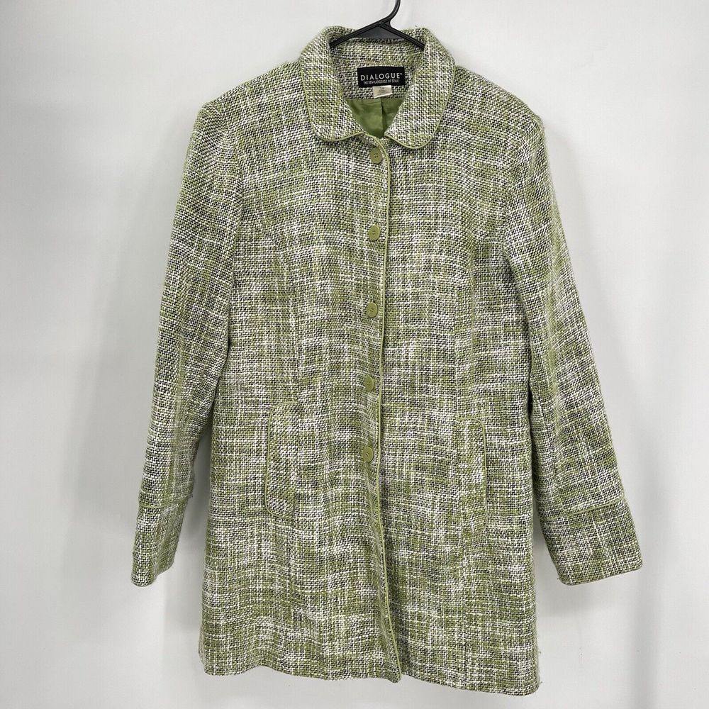 Dialogue 14 Tweed Car Coat Womens Green White Button Front Linen Blend Jacket